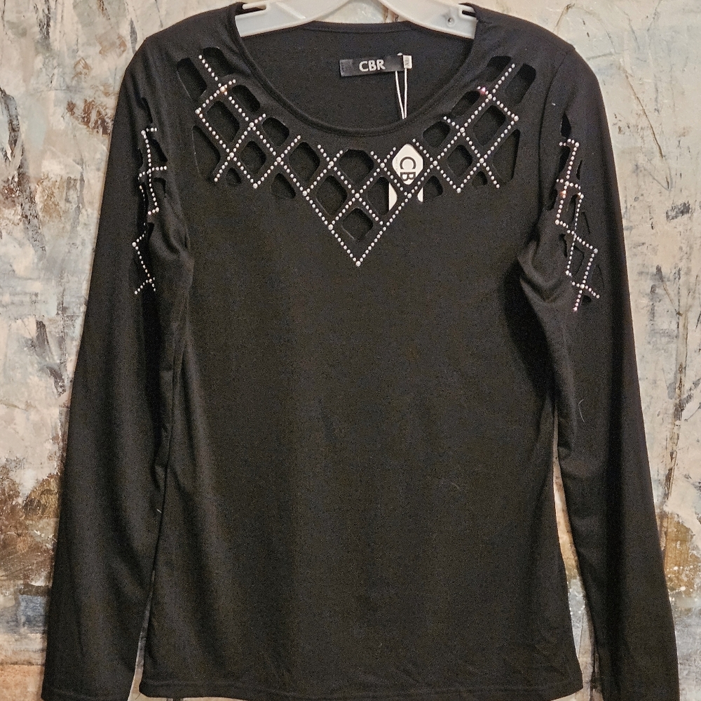 NWT CBR Black Openwork Diamond Cutout Long Sleeve Cotton Blend Knit Top XL
